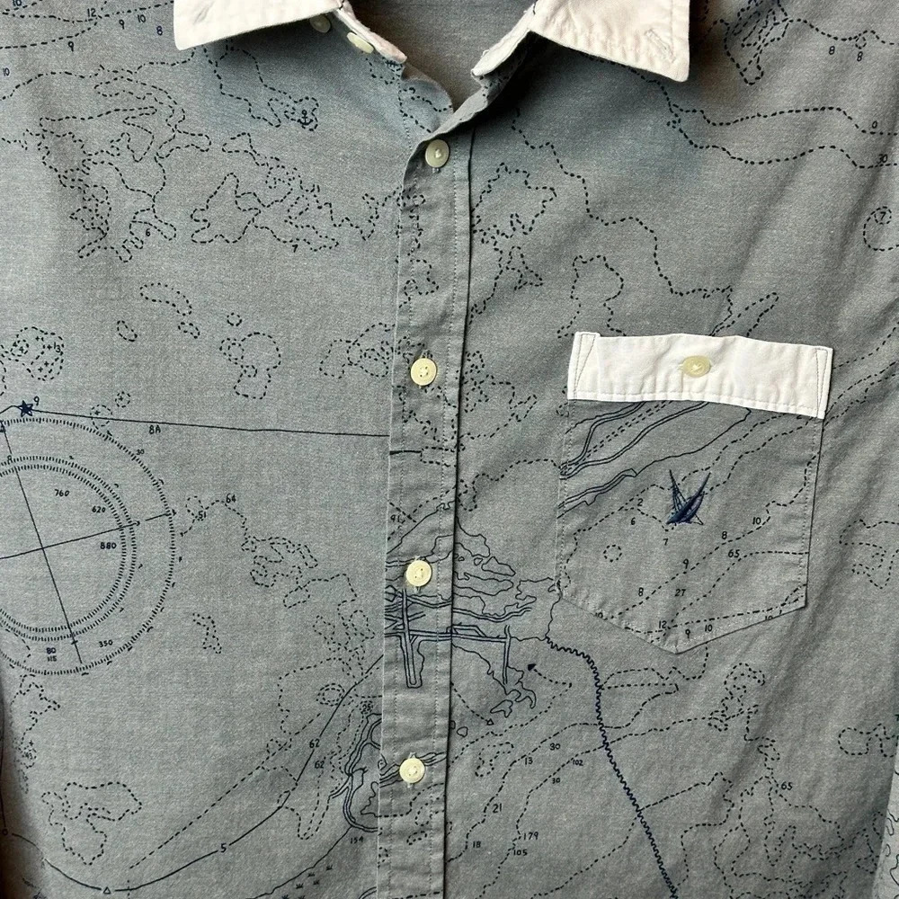 Nautica Mens Blue Sail Map Print Button Up Shirt Grey White Size: XL - Picture 6 of 11